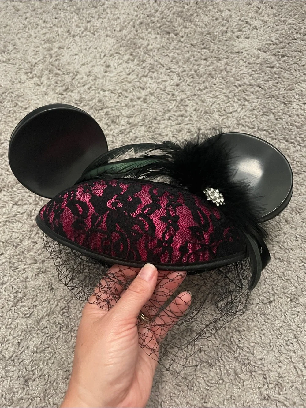 Disney Mickey Ears Black Lace and Fuchsia Feathered Fascinator Hat